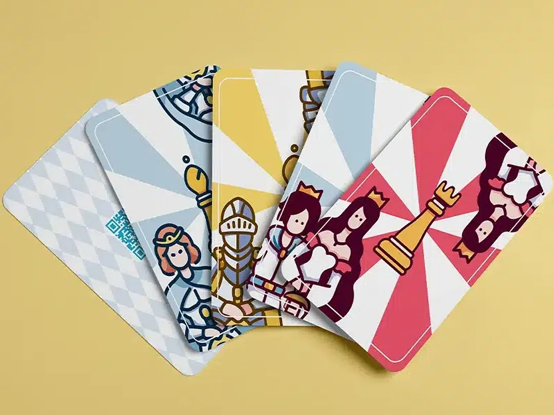 Custom printed game card deck with colorful illustrated card fronts