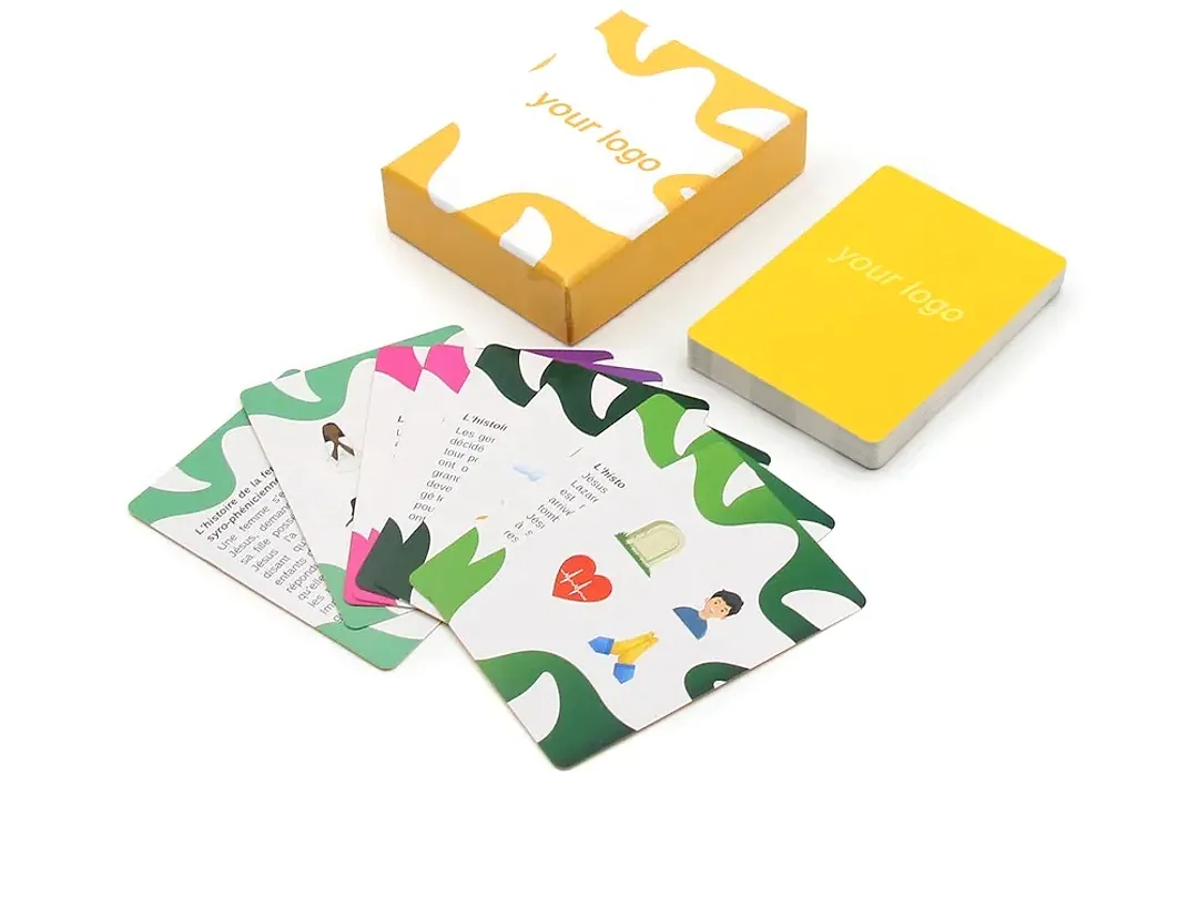 Custom educational cards with illustrated fronts and matching printed packaging
