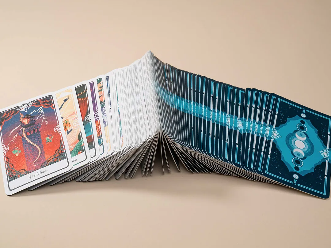 Full custom tarot deck showing card thickness, edges and illustrated faces