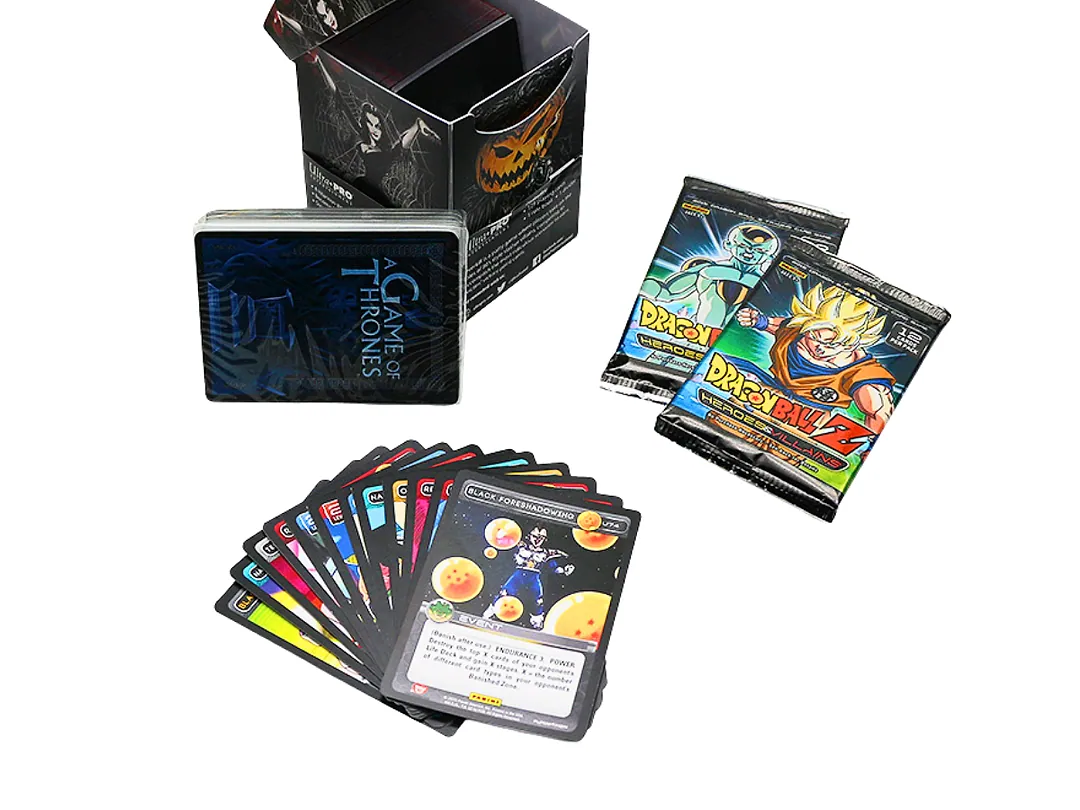 Custom trading card deck with printed boxes and fanned collectible cards