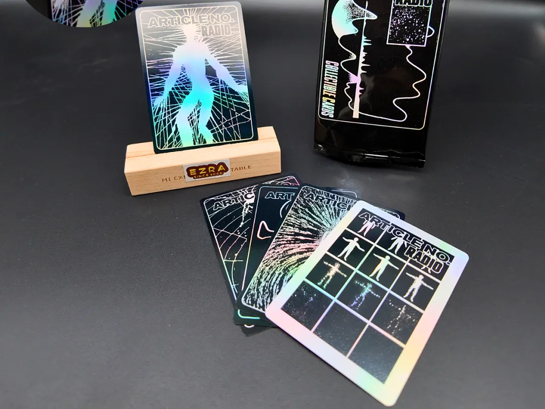 Custom trading cards with holographic finish, deck box and sample sheet