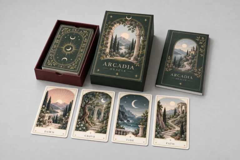 Illustrated oracle cards with a forest-green rigid box and companion guide.