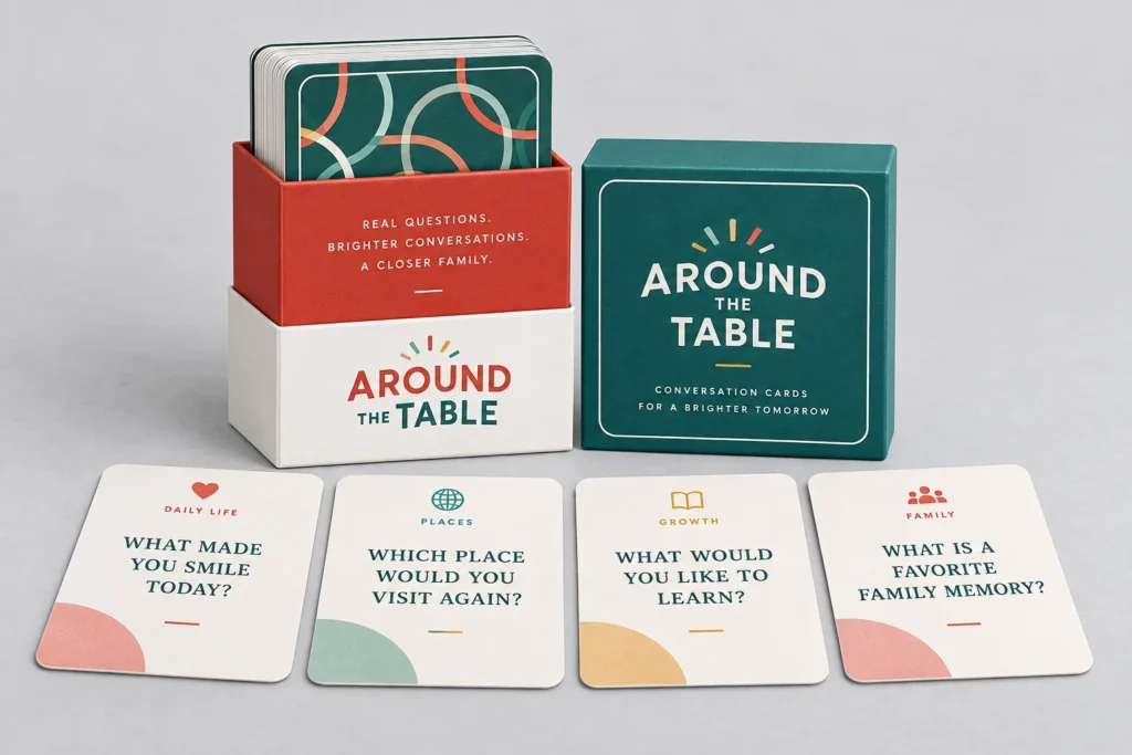Family conversation prompt cards with a teal and coral presentation box.