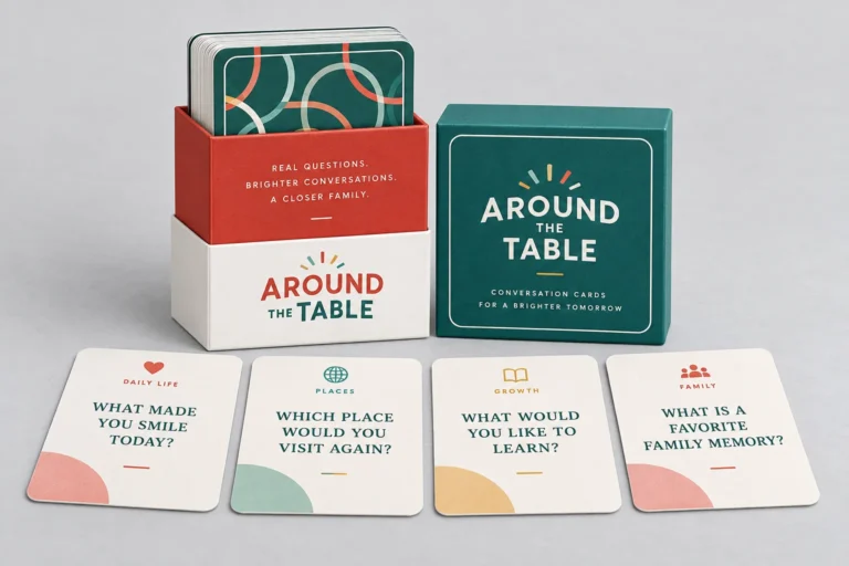 Family conversation prompt cards with a teal and coral presentation box.
