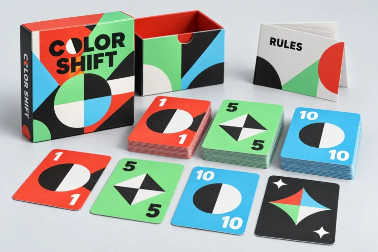 Color-group card game reference with matching box and printed rules.