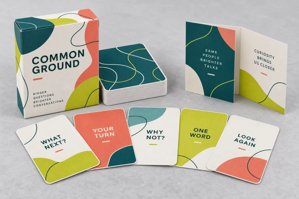 Reference design of prompt cards with a patterned back, tuck box and folded instructions.