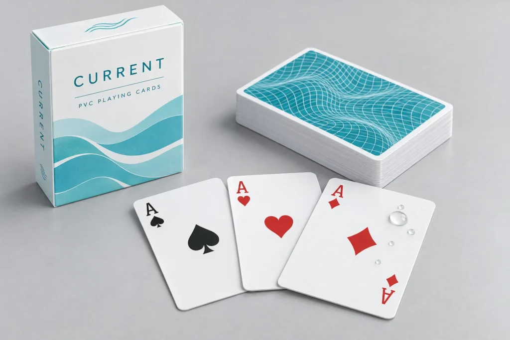 White PVC playing card concept with aqua packaging and visible water droplets.