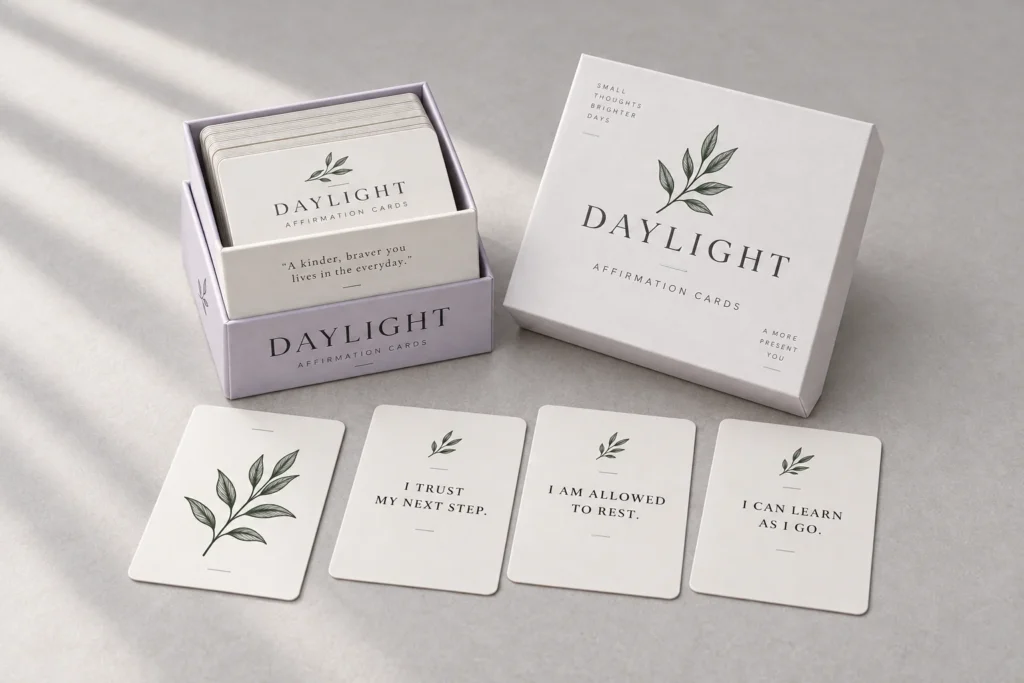 Leaf-pattern affirmation cards with a pale lavender box and companion booklet.