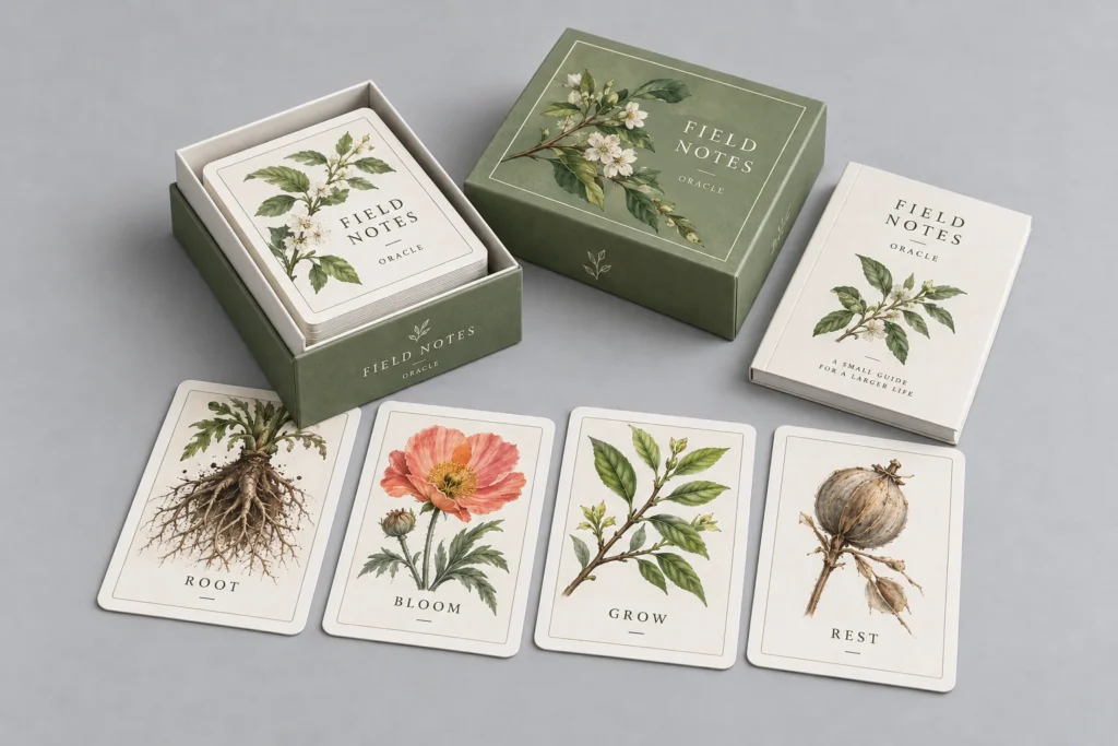 Botanical oracle cards with a sage-green presentation box and guidebook.