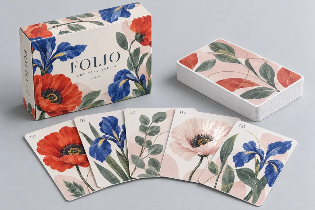 Illustrative botanical artist-card series with coordinated packaging.