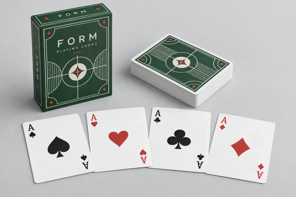 Four traditional aces, a paper playing card deck and a green printed tuck box.