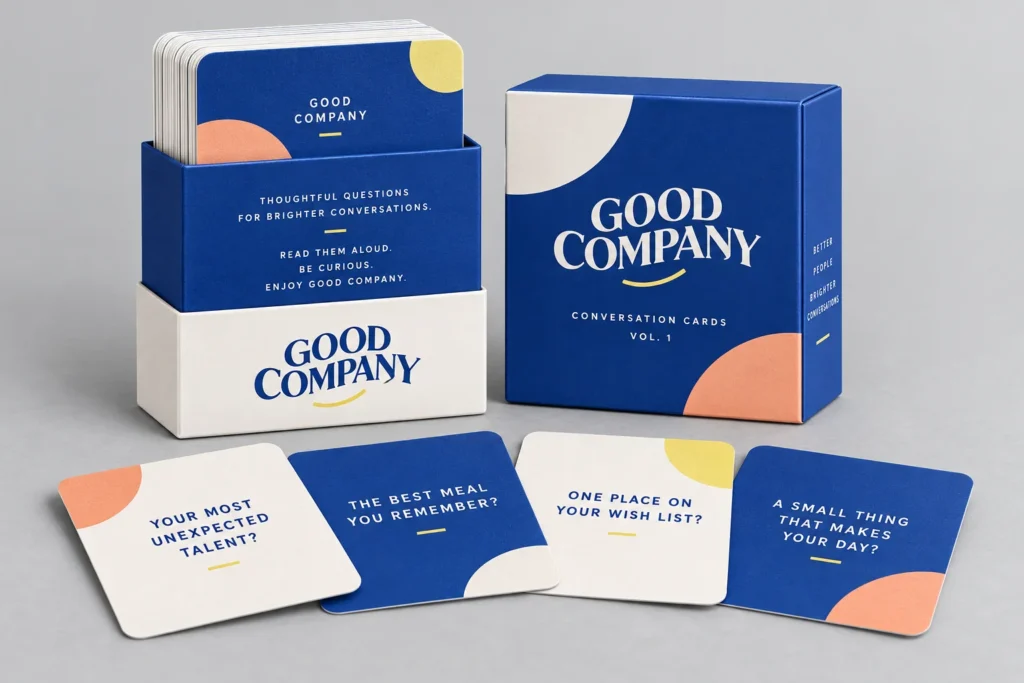 Social icebreaker question cards with a cobalt and peach rigid presentation box.