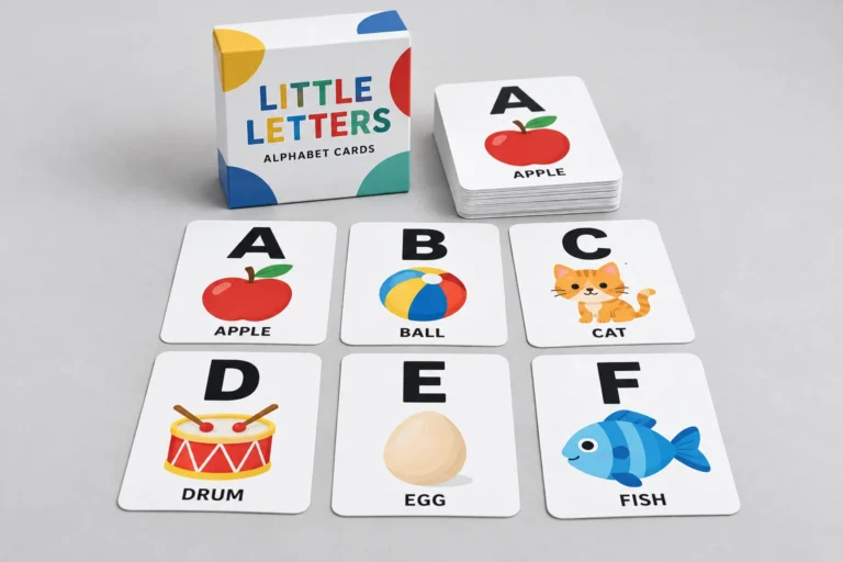 Alphabet flash card reference with illustrated letters and matching storage box.
