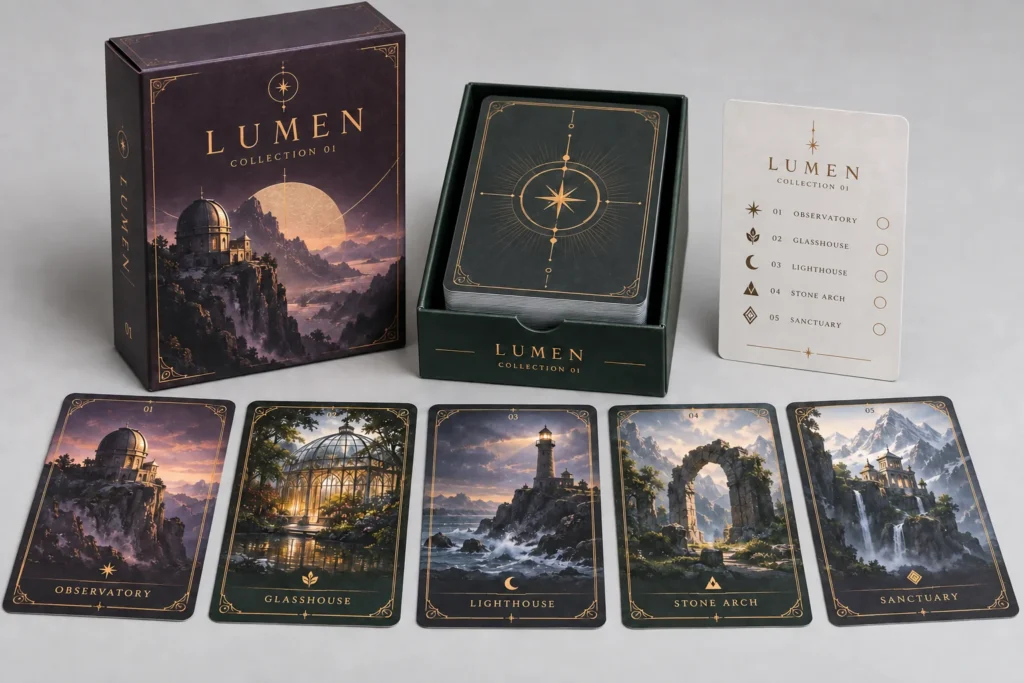 Collectible card design reference with metallic-style accents and a presentation box.