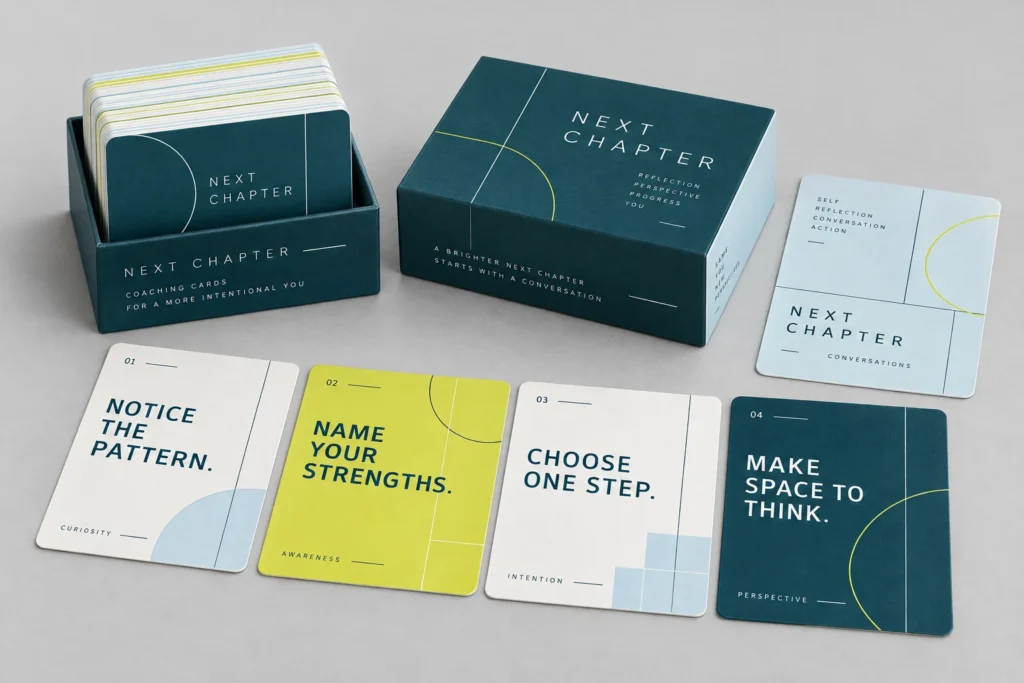 Teal coaching card deck with reflection prompts and a presentation box.