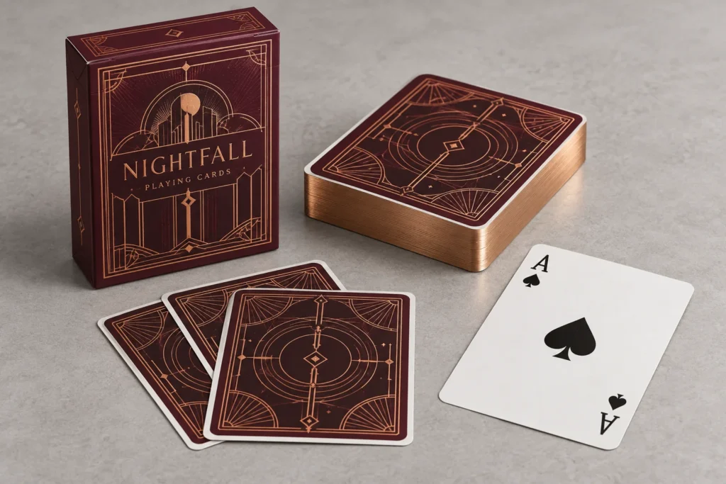 Burgundy playing card concept with copper foil details and metallic deck edges.