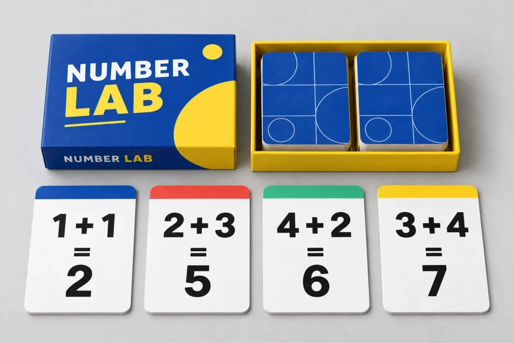 Arithmetic learning cards with correct addition examples and a divided storage box.