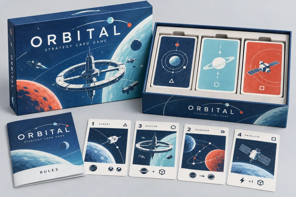 Illustrative multi-deck game showing separate storage compartments and a rulebook.