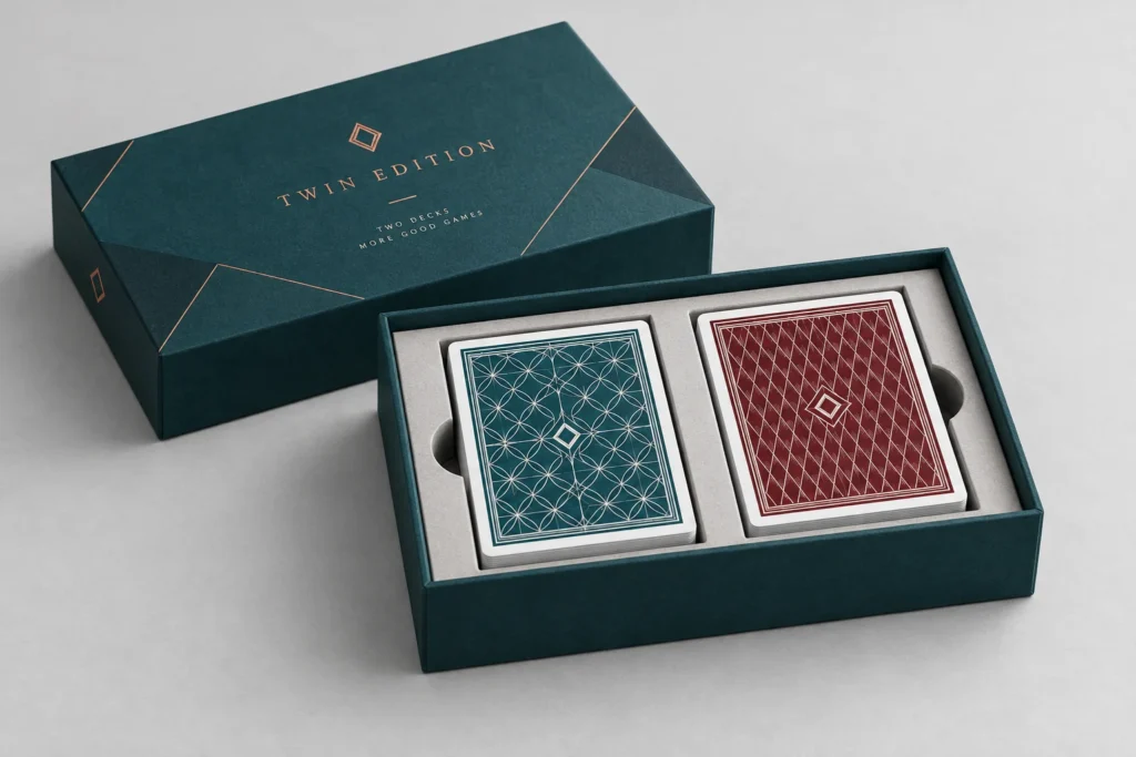 Teal rigid presentation box with a separate lid and fitted two-deck insert.