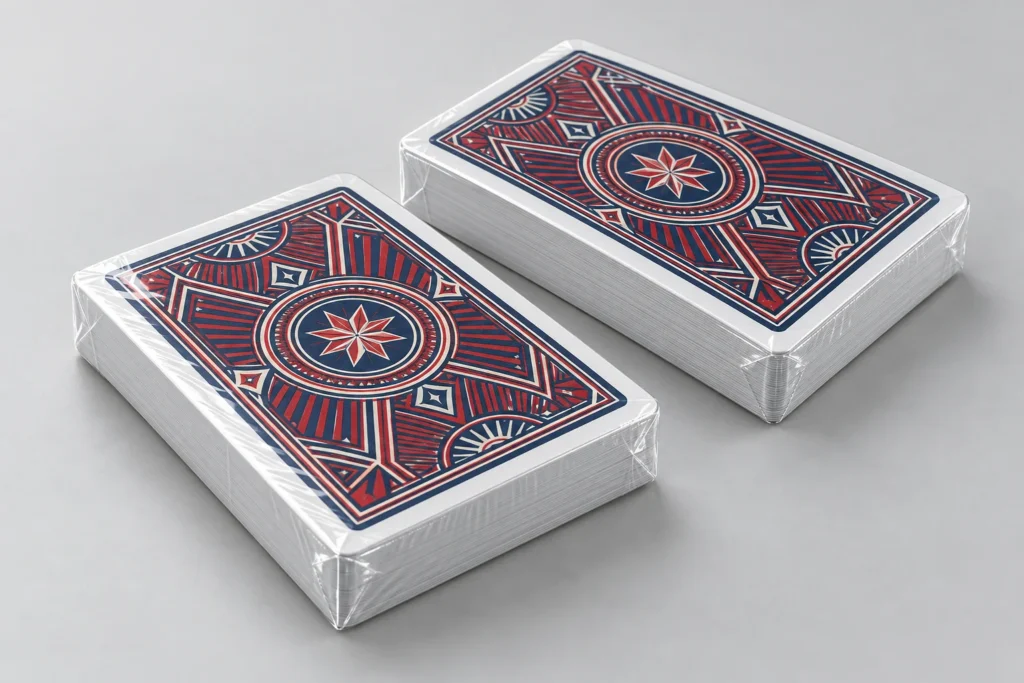 Two card decks in transparent shrink film with folded seams and no outer box.