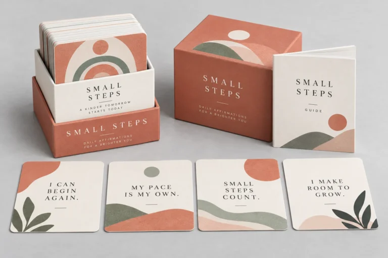 Coral and sage affirmation card reference with a guidebook and matching box.