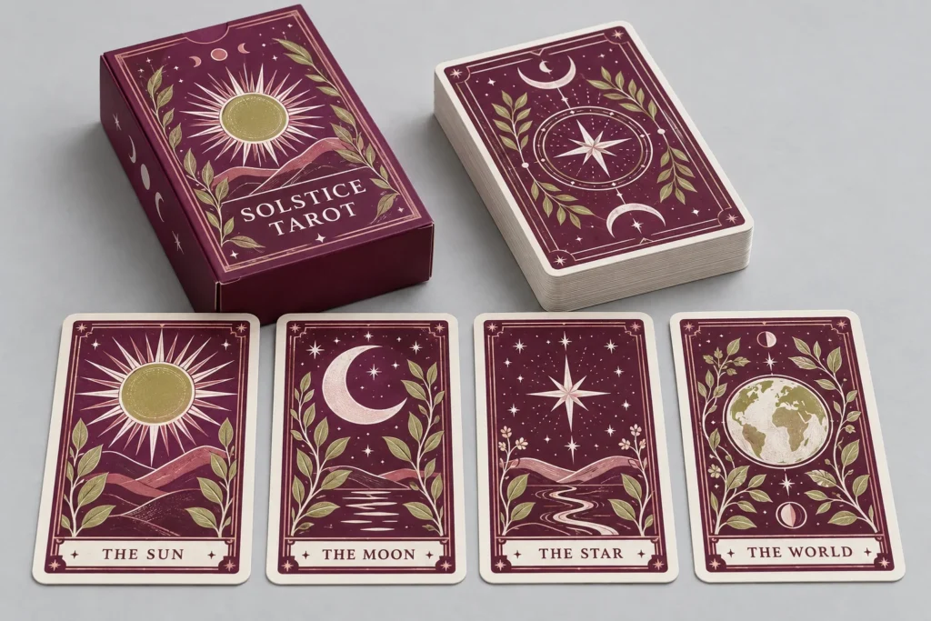 Burgundy tarot deck with celestial artwork, tall cards and a matching tuck box.