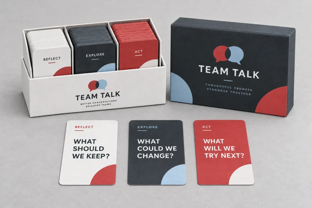 Reflect, Explore and Act workshop card decks with a divided storage box.