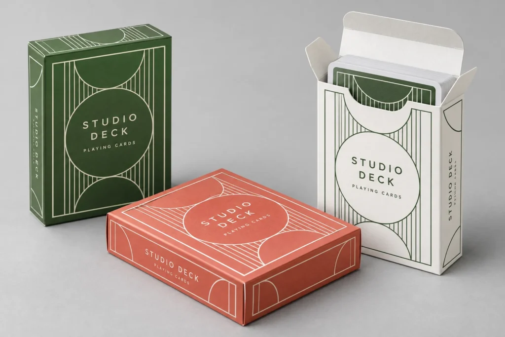 Printed paperboard card tuck boxes with an open top flap and side dust flaps.