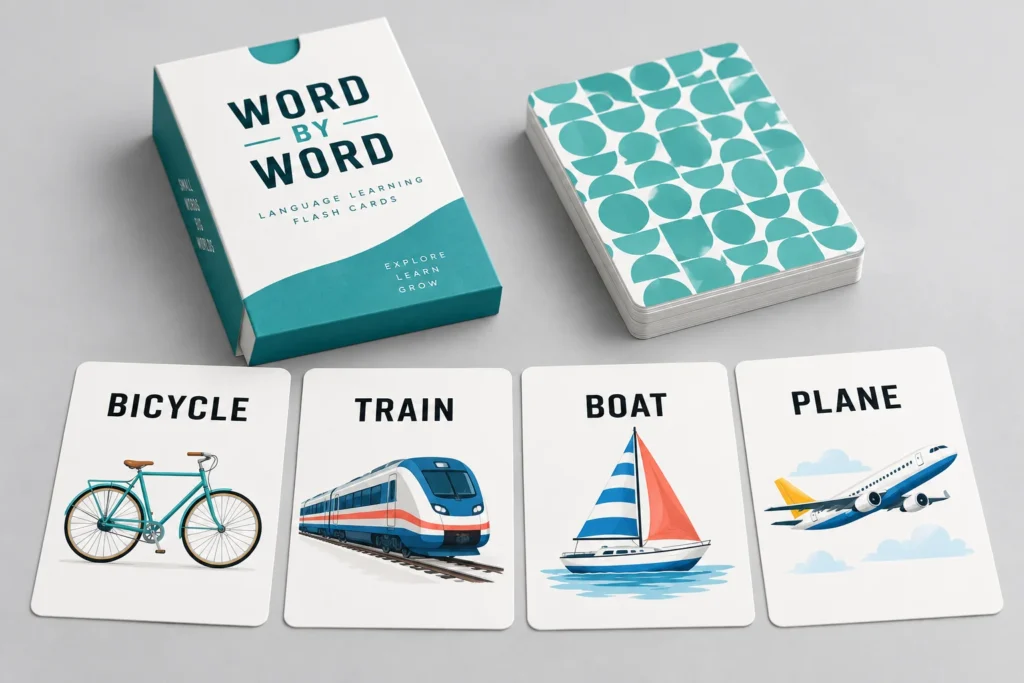 Illustrated transport vocabulary flash cards with a teal and white storage box.